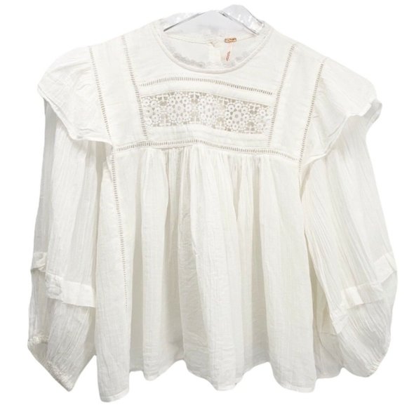Free People Ivory Laura Ruffle Embroidered  Blouse Size X-Small - Picture 2 of 5